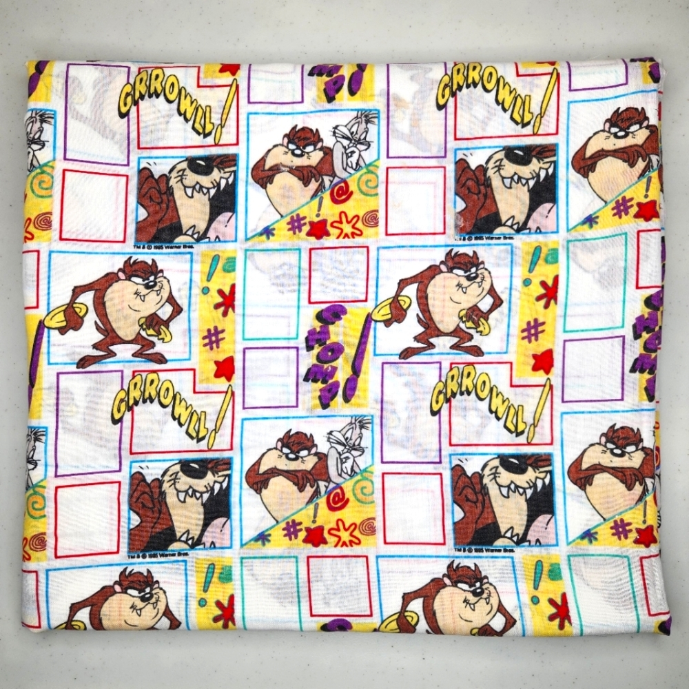 Rare Retro Looney Tunes Taz Twin Flat Sheet 90s Bedding Fabric Material